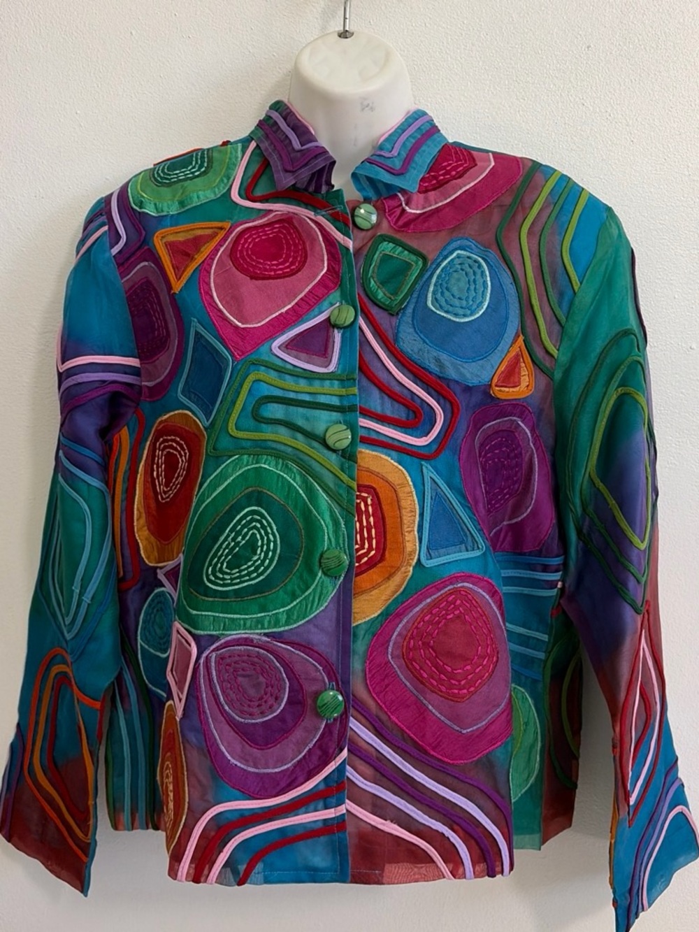 Anage Silk Multicolor Abstract Patchwork Button-Front Jacket